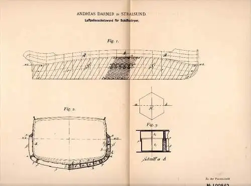 Original Patent - Andreas Darmer in Stralsund i. Mecklenburg ,1897, Luftzellenschutzwand für Schiffe , Schiffbau , Werft