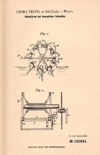 Original Patent - Georg Teufel in Saulgau i. Württ., 1897 , Schaufelrad , Schiff , Schiffbau !!!