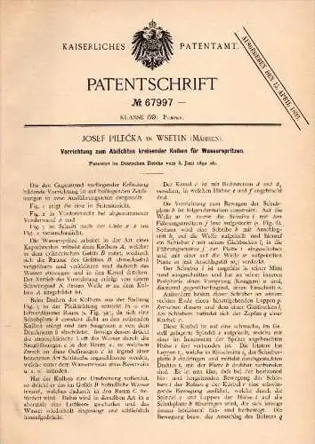 Original Patent - Josef Pilecka in Wsetin / Vsetin , 1892 , Abdichtung für Wasserspritzen , Feuerwehr , Pumpen , Mähren