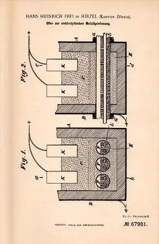 Original Patent -  Hans Heinrich Frei in Hirzel b. Zürich , 1892 , Ofen zur Metallgewinnung , Metall !!!