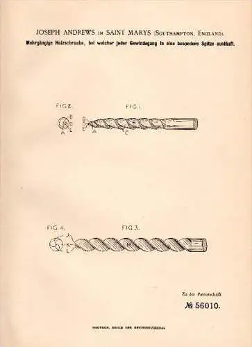 Original Patent -J. Andrews in Saint Marys , Southampton , 1890 , more common wood screw , England , saint mary 's !!!