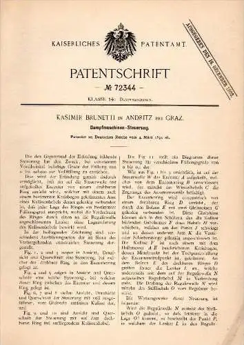 Original Patent -  Kasimir Brunetti in Andritz b. Graz , 1892 , Steuerung für Dampfmaschine !!!