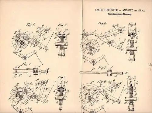 Original Patent -  Kasimir Brunetti in Andritz b. Graz , 1892 , Steuerung für Dampfmaschine !!!