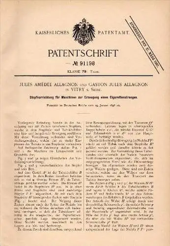 Original Patent - J.A. Allagnon dans Vitry sur Seine , 1896 , Appareil pour la fabrication de cigarettes , de tabac !!!