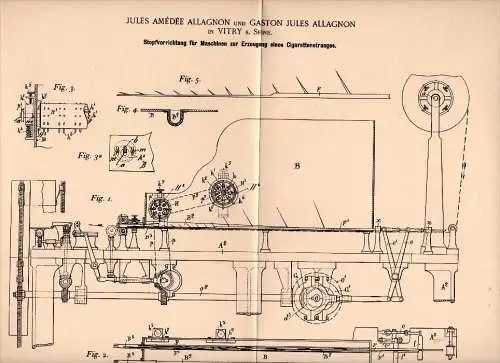 Original Patent - J.A. Allagnon dans Vitry sur Seine , 1896 , Appareil pour la fabrication de cigarettes , de tabac !!!