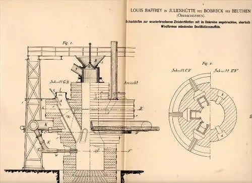 Original Patent -L. Baffrey in Julienhütte b. Bobrek b. Beuthen ,1889, Schachtofen für Zink , Bytom , Oberschlesien , OS