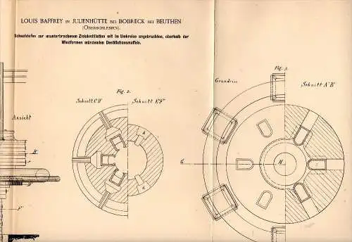 Original Patent -L. Baffrey in Julienhütte b. Bobrek b. Beuthen ,1889, Schachtofen für Zink , Bytom , Oberschlesien , OS