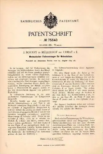 Original Patent - J. Bourry dans Müllerhof à Urmatt i. Elsass , 1893 , Appareil pour métier à tisser, tissage !!!