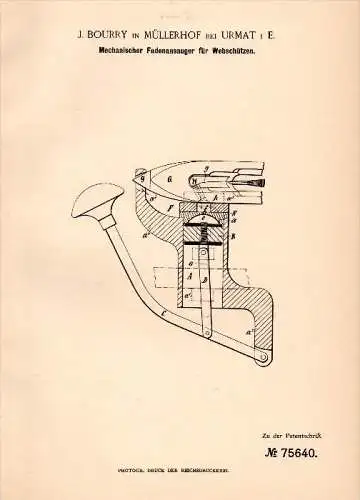 Original Patent - J. Bourry dans Müllerhof à Urmatt i. Elsass , 1893 , Appareil pour métier à tisser, tissage !!!