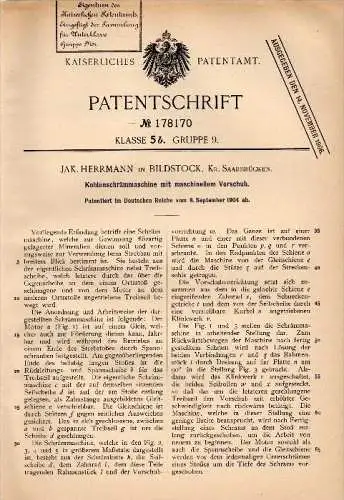 Original Patent - J. Herrmann in Bildstock b. Saarbrücken , 1904 , Kohlenschrämmaschine , Kohle , Bergbau !!!