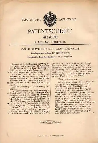 Original Patent - J. Simmendinger in Wenigenjena b. Jena a.S., 1906 , Apparat für Gebläsebrenner , Gasbrenner !!!