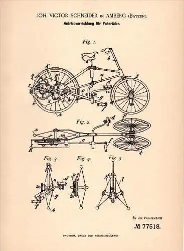 Original Patent - Joh. Victor Schneider in Amberg , 1894 , Antrieb für Fahrrad , bicycle , Bayern !!!