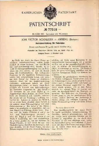 Original Patent - Joh. Victor Schneider in Amberg , 1894 , Antrieb für Fahrrad , bicycle , Bayern !!!