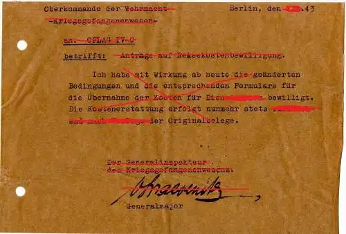 OFLAG IV C , Brief vom OKW - Generalmajor , 1943 , Wehrmacht , Colditz , Gefangenenlager , camp de Prisonniers , !!!