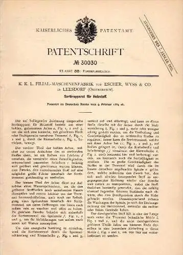 Original Patent - Escher , Wyss  & Co in Leesdorf b. Baden , 1884 , Sortierapparat für Holzstoff !!!