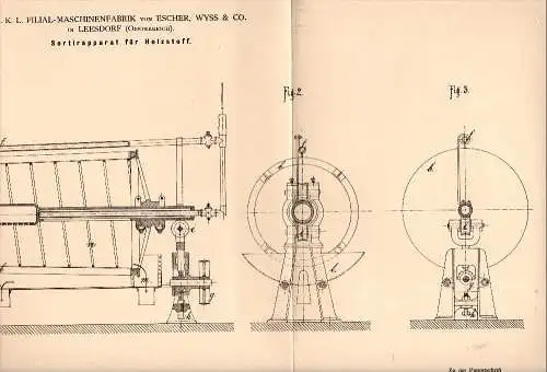 Original Patent - Escher , Wyss  & Co in Leesdorf b. Baden , 1884 , Sortierapparat für Holzstoff !!!