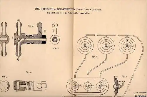 Original Patent - E. Hindemith in Neu Weisstein b. Waldenburg / Wa&#322;brzych ,1884, Signalhahn für Telegraphie , teleg