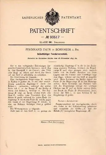 Original Patent - Ferdinand Zaun in Bornheim a. Rhein , 1895 , Verschluss für Fenster , Fensterbau !!!