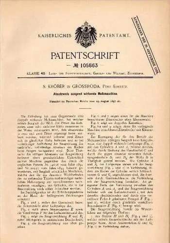 Original Patent -S. Kröber in Großröda b Starkenberg , 1897 , saugende Melkmaschine , Landwirtschaft , Tierzucht !!!