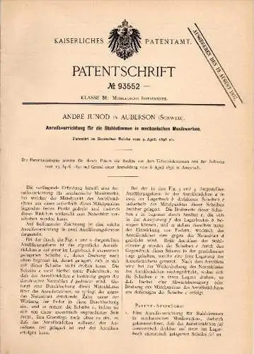 Original Patent - André Junod in Auberson b. Sainte Croix ,1896, Apparat für mechanische Musikwerke , Instrument , Musik