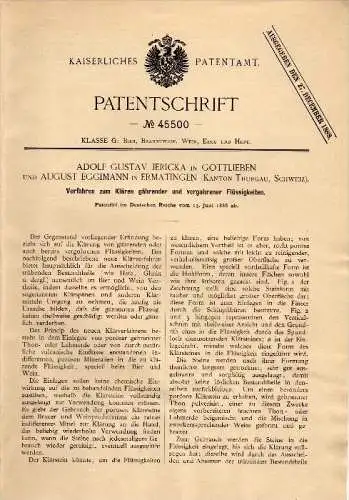 Original Patent -A.G. Jericka in Gottlieben und A. Eggimann in Ermatingen ,1888, Klärung , Hefe , Brauerei , Kreuzlingen