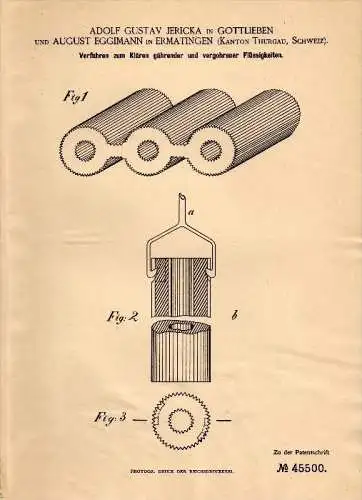 Original Patent -A.G. Jericka in Gottlieben und A. Eggimann in Ermatingen ,1888, Klärung , Hefe , Brauerei , Kreuzlingen