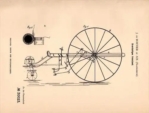 Original Patent - J. de Bornier dans Aix , 1884 , vélos à trois roues !!!