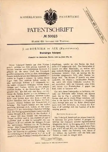 Original Patent - J. de Bornier dans Aix , 1884 , vélos à trois roues !!!