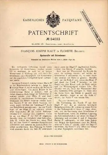 Original Patentschrift - Francois J. Haut in Floreffe , 1890 , Apparat für Dampfkessel , Dampfmaschine !!!