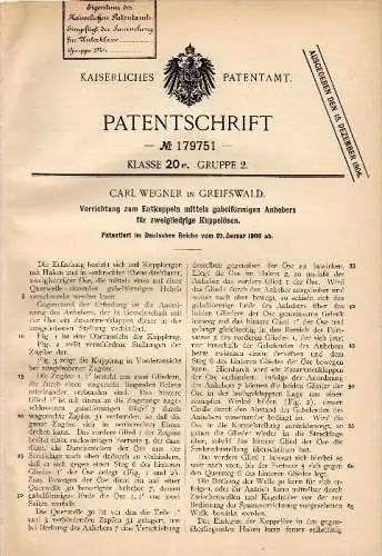 Original Patentschrift - Carl Wegner in Greifswald i. Mecklenburg , 1906 , Apparat zum Entkuppeln , Kupplung !!!