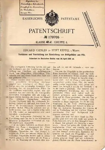 Original Patentschrift - E. Giesler in Stift Keppel b. Hilchenbach - Allenbach i. Westf., 1905 , Filz - Hohlgefäße !!!