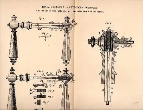 Original Patentschrift - Franz Viegener in Attendorn i. Westf., 1887, Türdrücker , Türen- und Fensterbau , Tür , Schloss