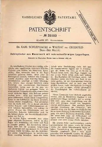 Original Patentschrift - Dr. Karl Schliephacke in Waldau b. Osterfeld , 1885 , Mauerwerk - Hohlcylinder , Maurer , Bau !