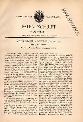 Original Patentschrift - Anton Wimmer in Scheibbs , 1888 , Schälmaschine , Mühle !!!