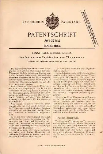 Original Patentschrift - Ernst Sack in Schermbeck , 1901 , Verblenden von Thonwaren , Thon , Dachziegel , Ziegelei !!!