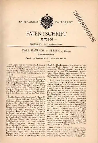 Original Patentschrift - Carl Hanisch in Seesen a. Harz , 1892 , Verschluß für Flaschen , Flasche , Goslar !!!