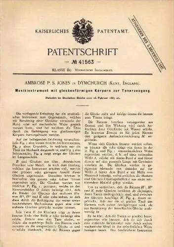 Original Patentschrift - P.S. Jones in Dymchurch , Kent , 1887 , Musical instrument with bells !!!