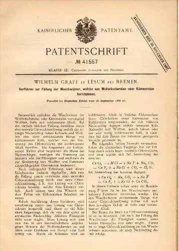 Original Patentschrift - Wilhelm Graff in Lesum b. Bremen , 1886 , Fällung von Wasser aus Woll - Wäscherei !!!