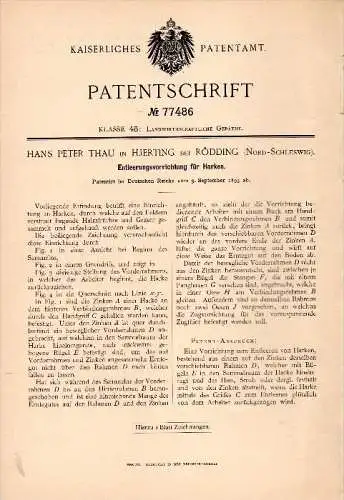 Original Patentschrift - H.P Thau in Hjerting b. Rödding , 1893 , Entleerer für Harken , Agrar , Rødding Kommune !!!