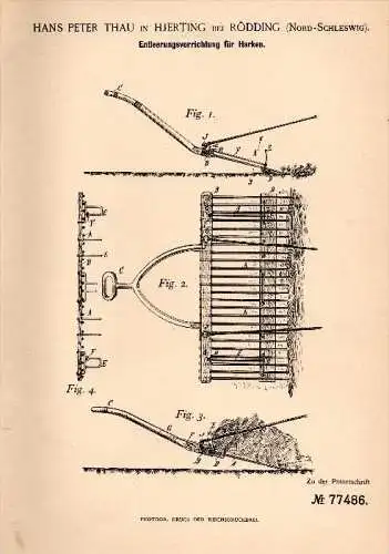 Original Patentschrift - H.P Thau in Hjerting b. Rödding , 1893 , Entleerer für Harken , Agrar , Rødding Kommune !!!