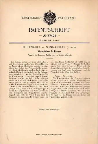 Original Patentschrift - H. Hanauer in Winnweiler , Pfalz , 1893 , Kolben für Pumpen , Pumpe !!!