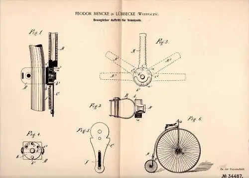 Original Patentschrift - Feodor Mencke in Lübbecke i. Westf., 1885 , Auftritt für Fahrrad , Hochrad , bicycle !!!