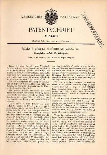 Original Patentschrift - Feodor Mencke in Lübbecke i. Westf., 1885 , Auftritt für Fahrrad , Hochrad , bicycle !!!