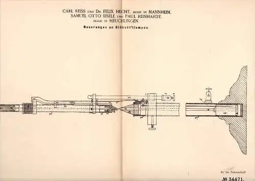 Original Patentschrift - Otto Eisele und P. Reinhardt in Heuchlingen , 1885 , Glühlampe , Lampe , C. Reiss und F. Hecht