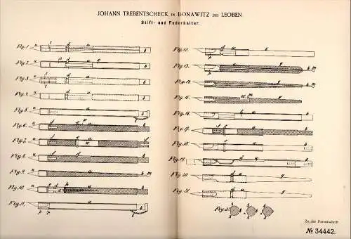 Original Patentschrift - Johann Trebentscheck in Donawitz b. Leoben , 1885 , Stift- und Federhalter , Steiermark !!!