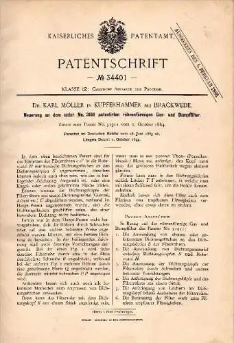 Original Patentschrift - Dr. Karl Möller in Kupferhammer b. Brackwede , 1885 , Gas- und Dampffilter , Bielefeld !!!