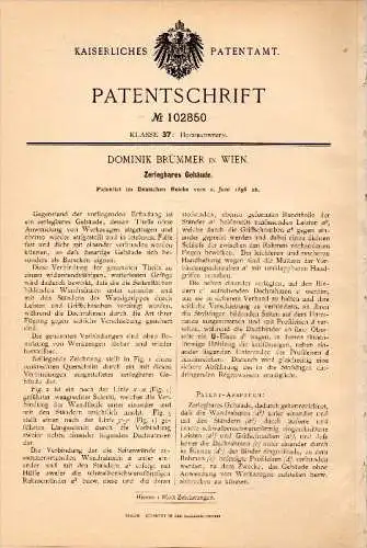 Original Patentschrift - Dominik Brümmer in Wien , 1896, zerlegbares Gebäude , Baracke , Hausbau , Hütte , Bau , Hochbau