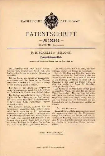 Original Patentschrift - H.H. Schulte in Iserlohn , 1898, Espagnolette - Verschluß , Schlosserei , Türen- und Fensterbau