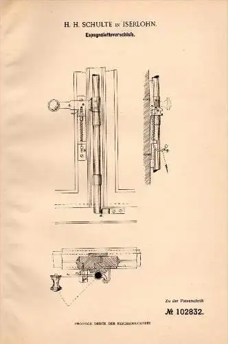 Original Patentschrift - H.H. Schulte in Iserlohn , 1898, Espagnolette - Verschluß , Schlosserei , Türen- und Fensterbau