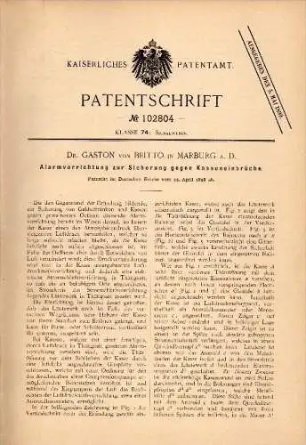 Original Patentschrift - Dr. Gaston von Britto in Marburg a.D. , 1898 , Alarmapparat gegen Einruch , Sparkasse , Tresor